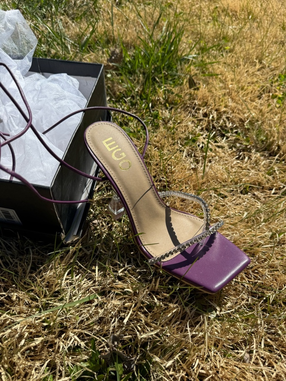 EGO Purple Rhinestone-Trim Lace-Up Square-Toe Sandal Heel